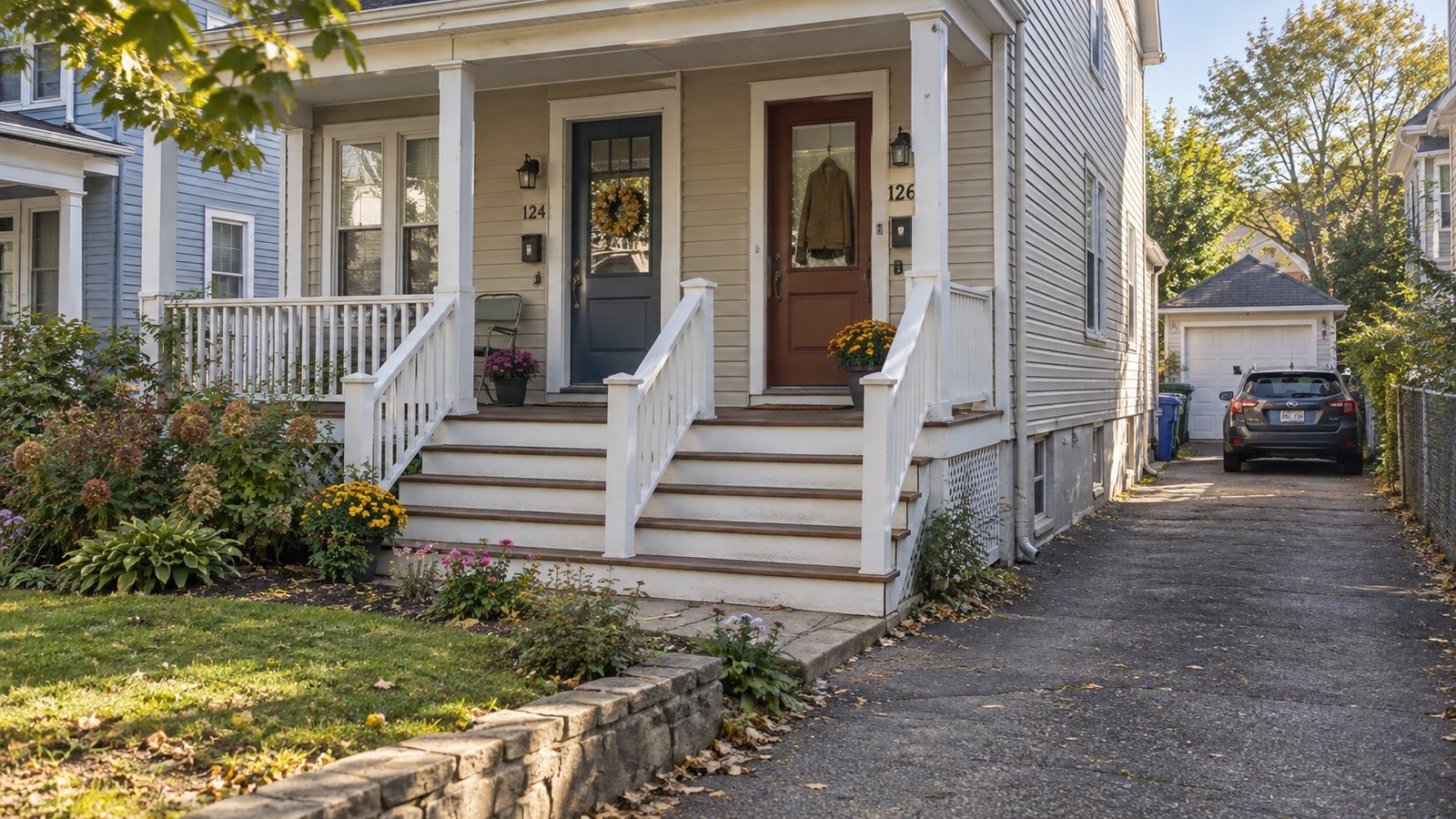A wood-frame two-family house with a shared front entry, porch steps and a narrow side driveway.