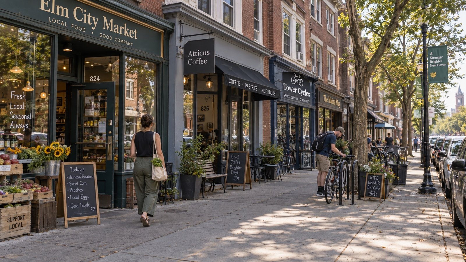 A neighborhood main street with small storefronts, apartments above, and a person walking with a bag.
