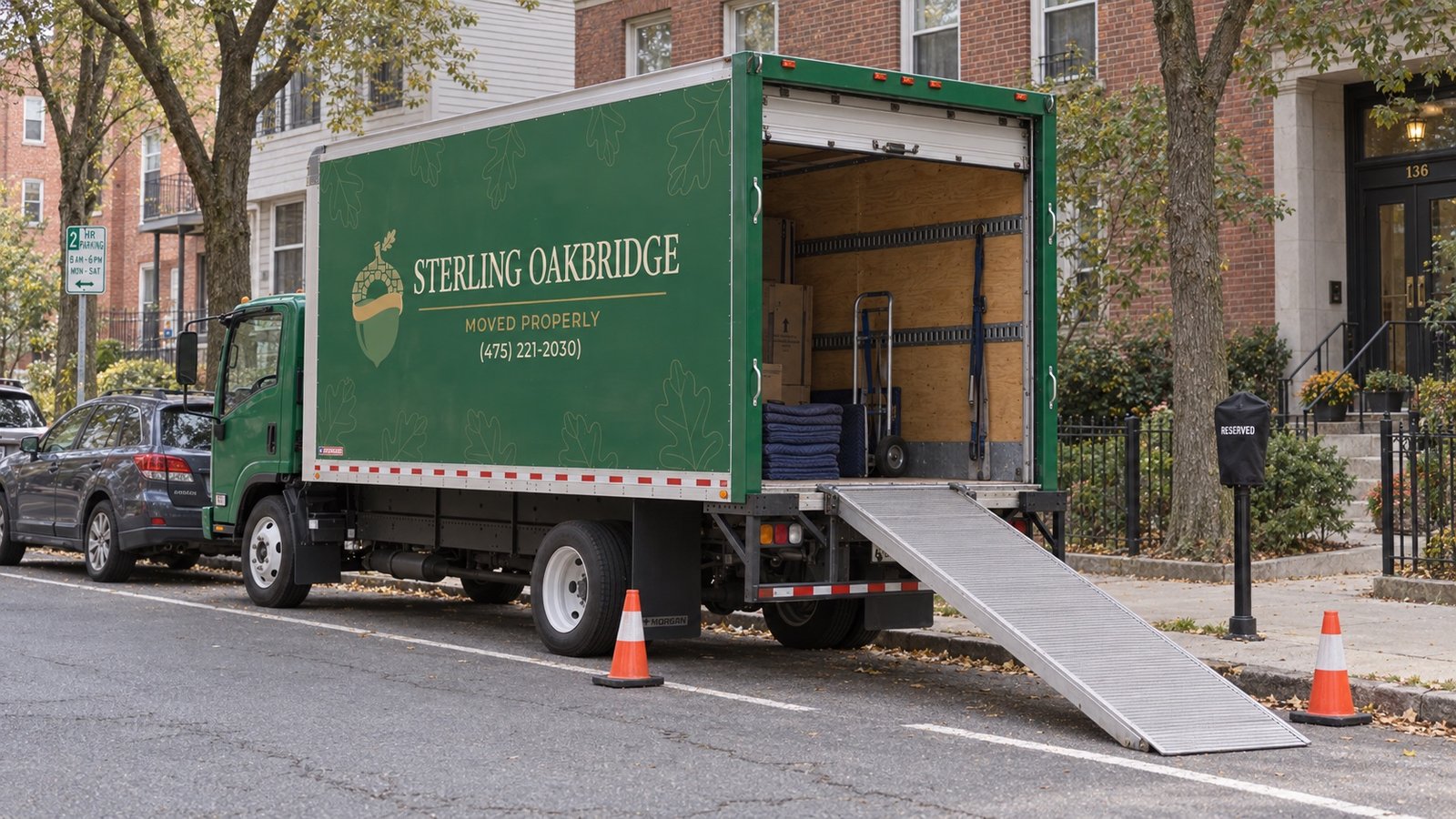 A dark green moving truck with an open rear door and a ramp resting by a metered city curb.