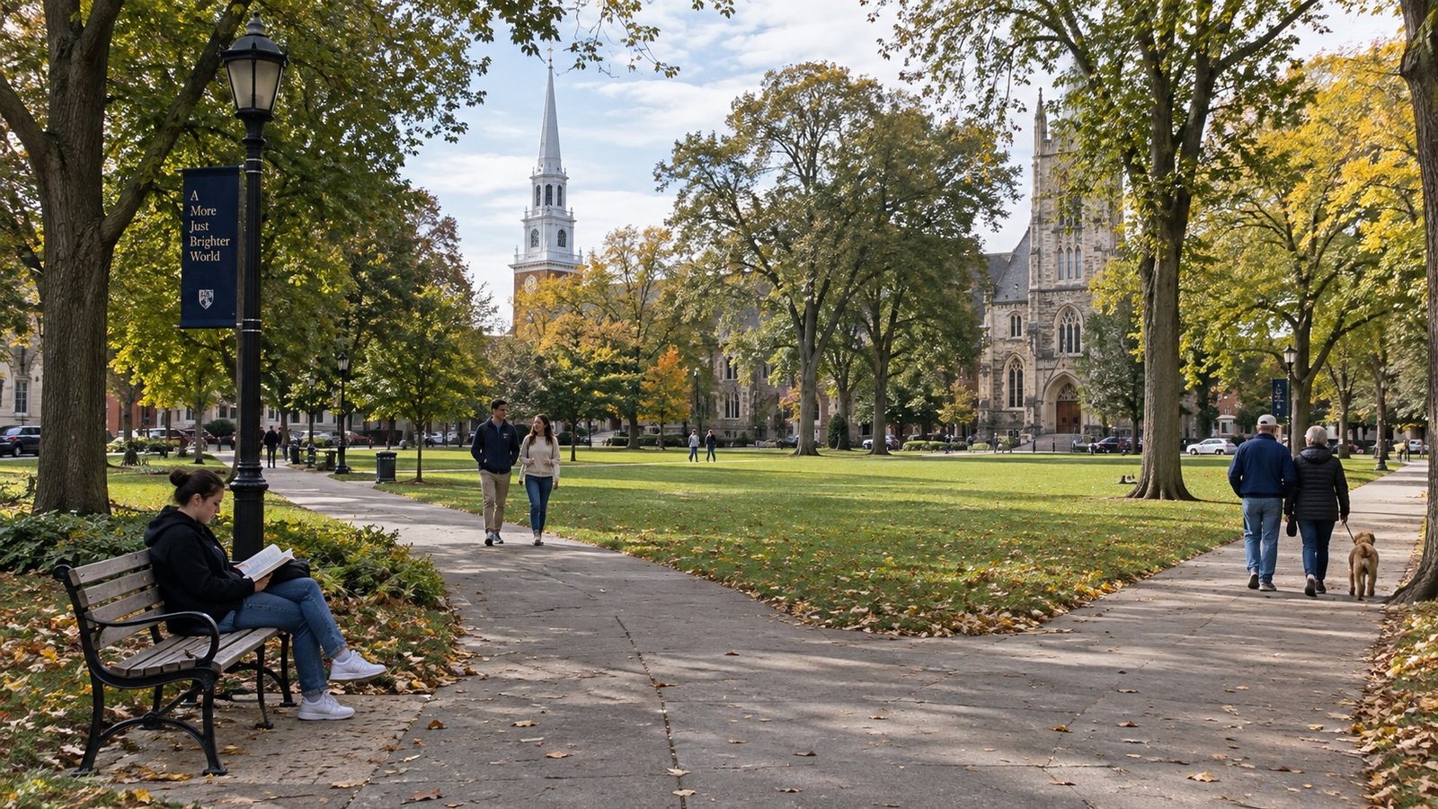A public green with mature trees, walking paths and church facades along the far edge.