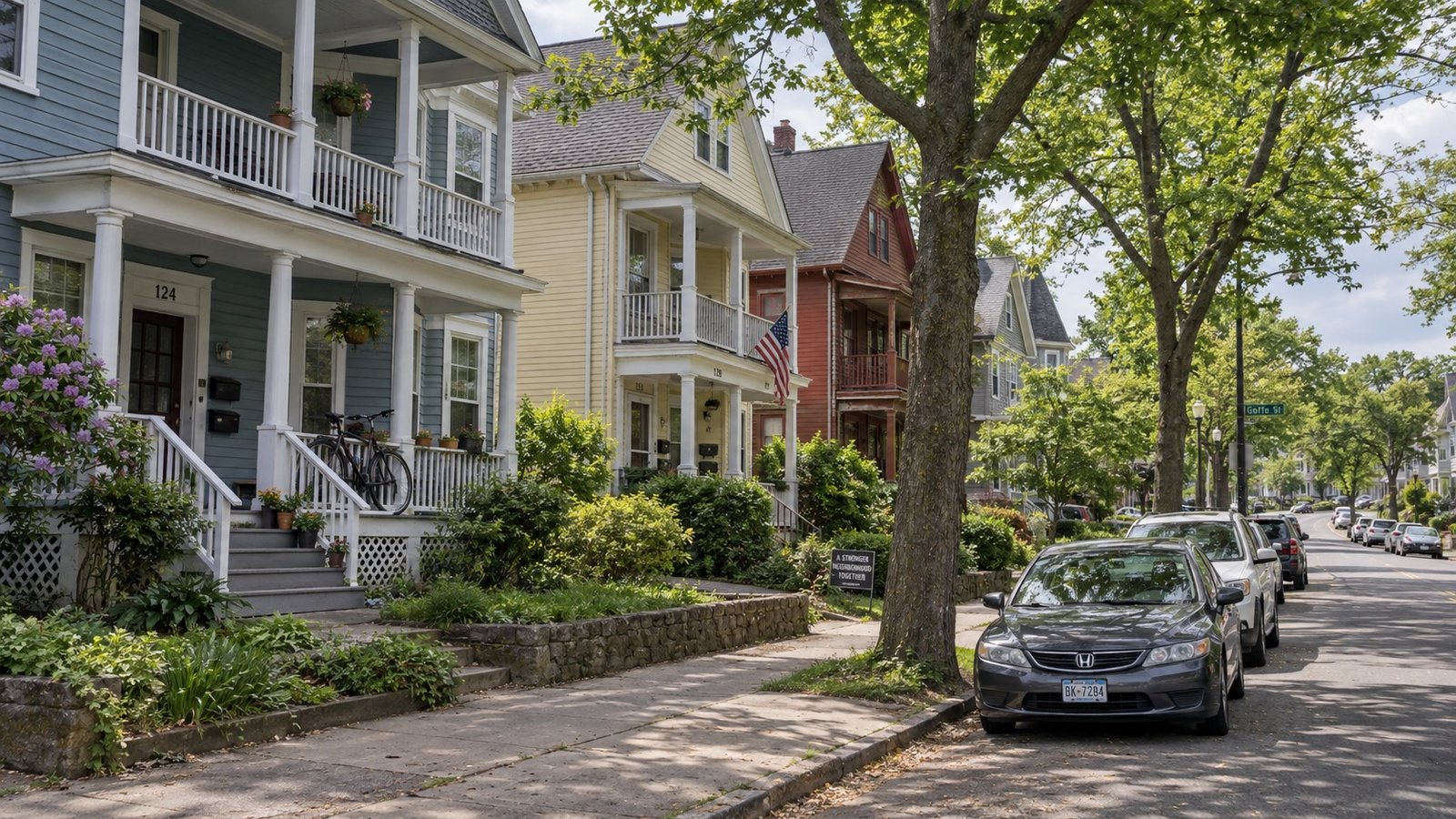 A residential street of older wood-frame multi-family homes with porches and parked cars.