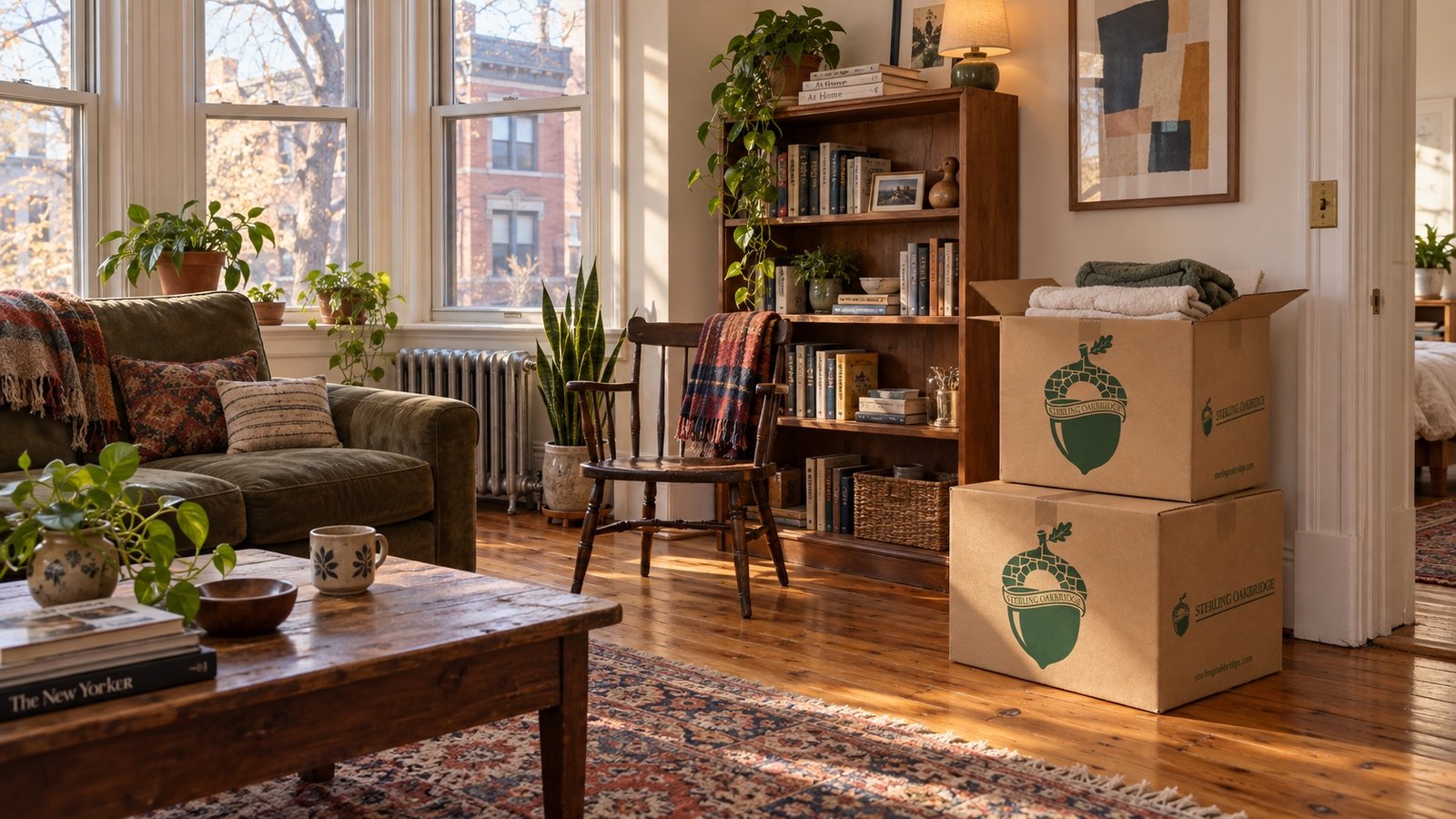 A furnished living room in an older apartment with tall windows and sealed moving boxes by the wall.