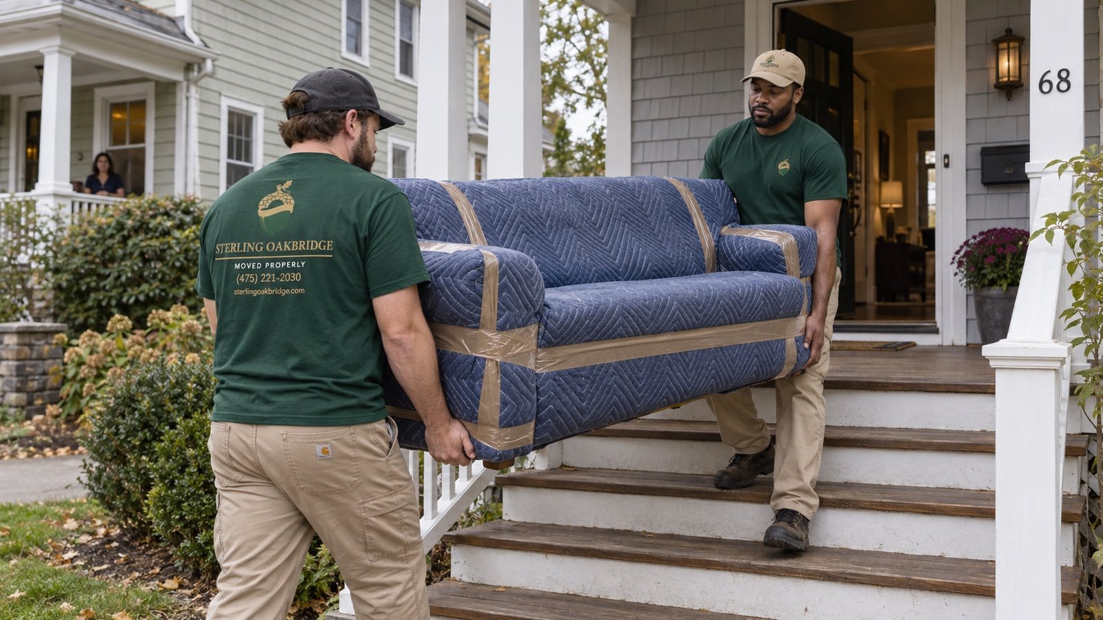 Two movers carrying a blanket-wrapped sofa down the wooden steps of a porch.