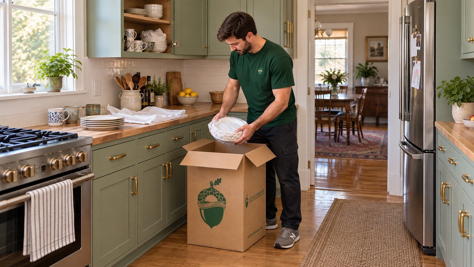 A mover in a green Sterling Oakbridge shirt packing plates beside a correctly scaled China carton in an updated kitchen.