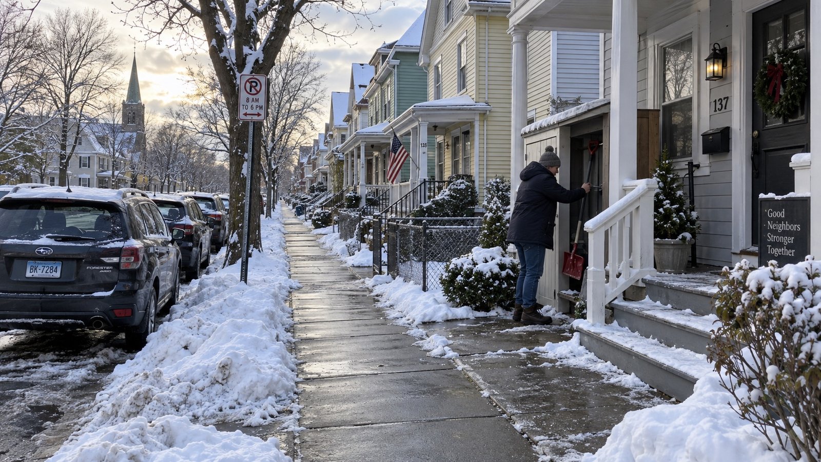 A residential street after snowfall with cars parked on one side and a cleared sidewalk.