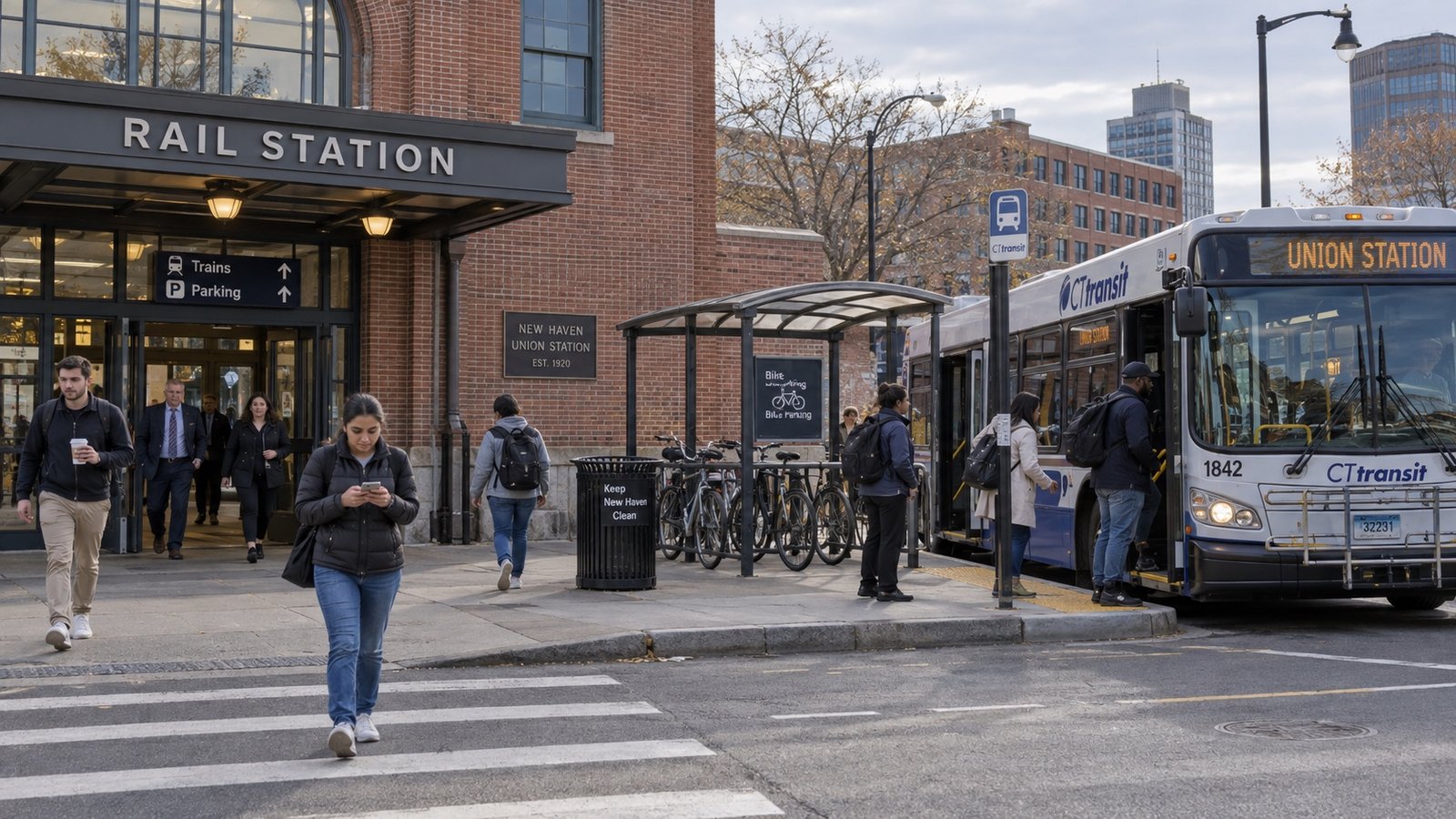 Commuters boarding a CTtransit bus beside a station entrance in a New Haven setting.