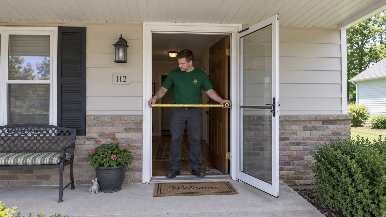 Measure the entrance A male mover measuring a doorway with a horizontal tape beside an open storm door.
