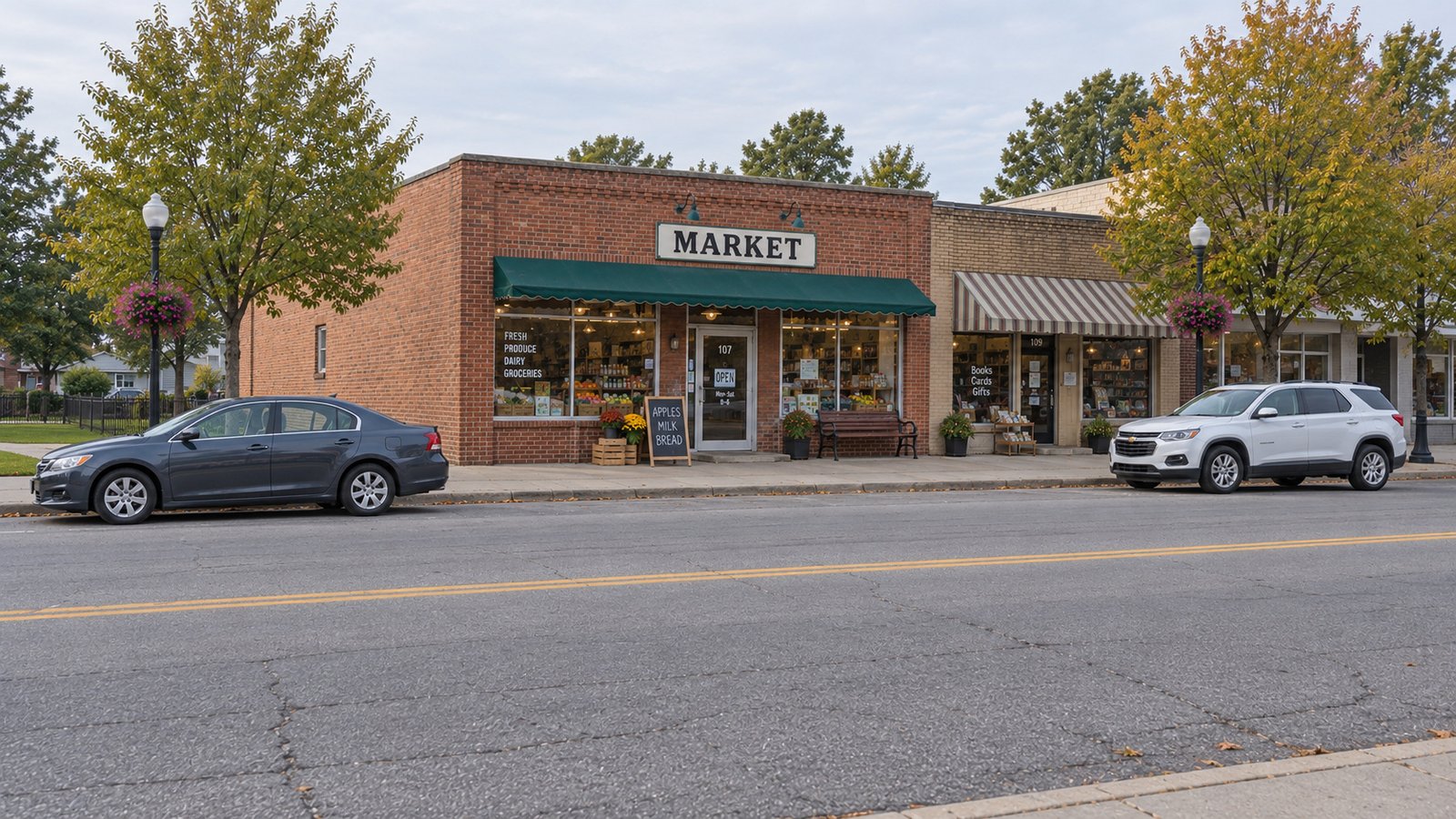 A complete brick market frontage and two whole parked cars beside a connected sidewalk and road.