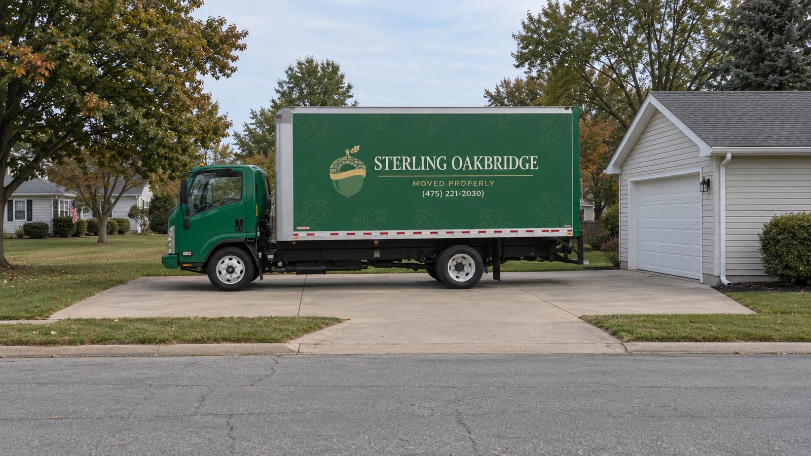 Confirm the truck position A complete green Sterling Oakbridge Isuzu NPR16 truck in side profile on a private apron.