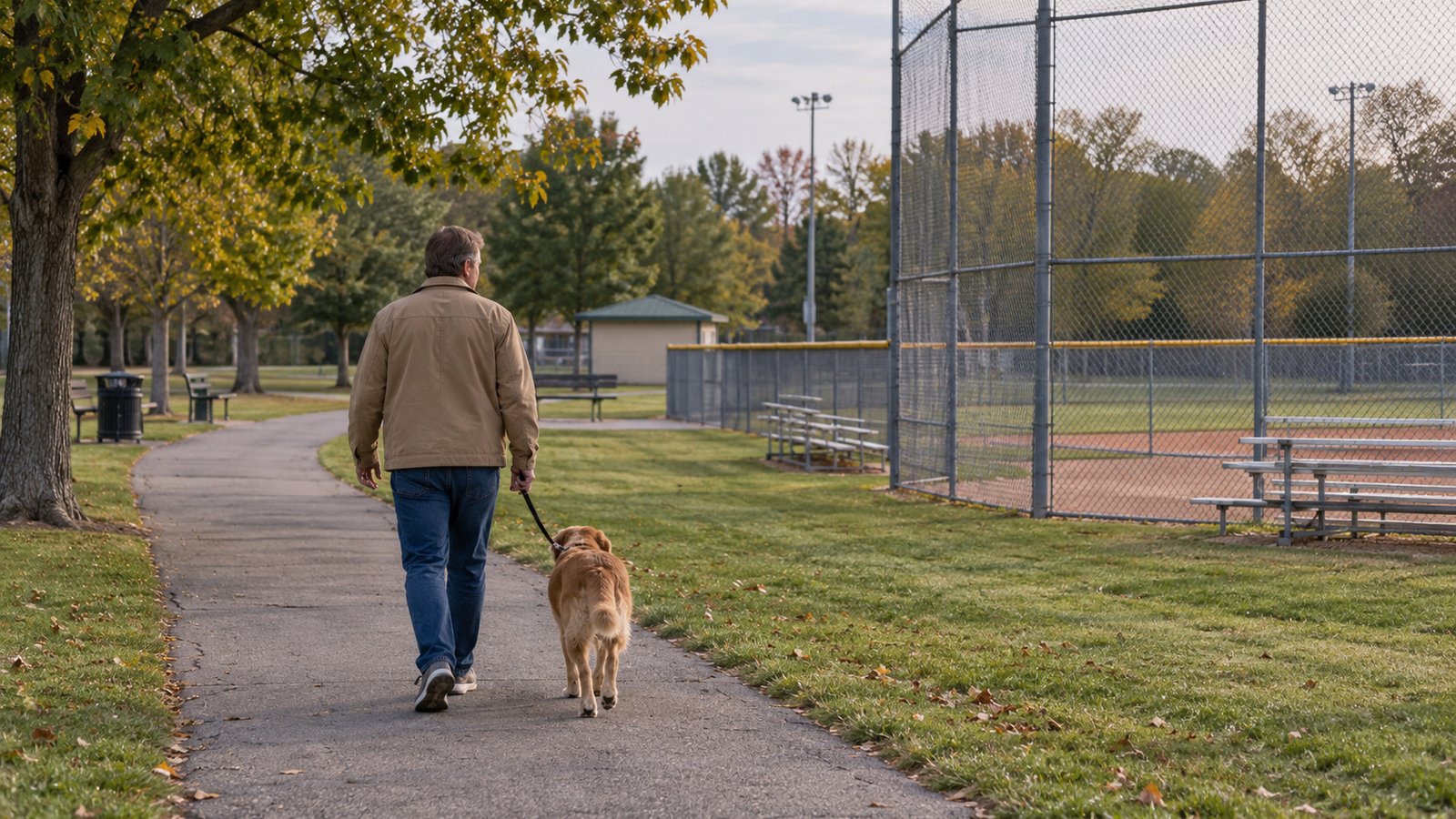 A man walking a golden dog on a leash beside a park path and baseball backstop.