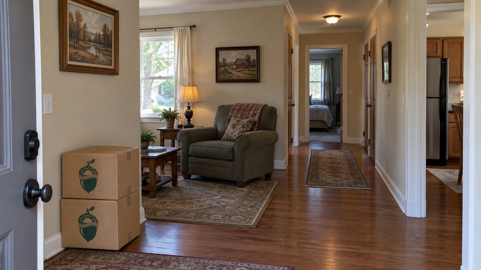 A receiving room with a clear hall, an armchair and two closed kraft cartons against the wall.