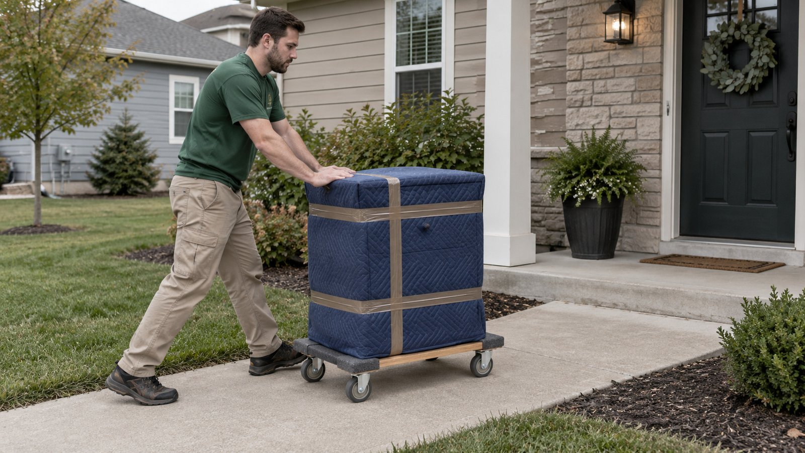 Match equipment to the route A male mover steadying a padded dresser on a compact wooden furniture dolly along a level path.