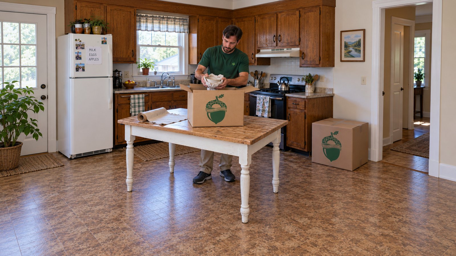 Choose the packing scope A male packer supporting a paper-wrapped bowl above an open kraft carton on a complete wooden table.