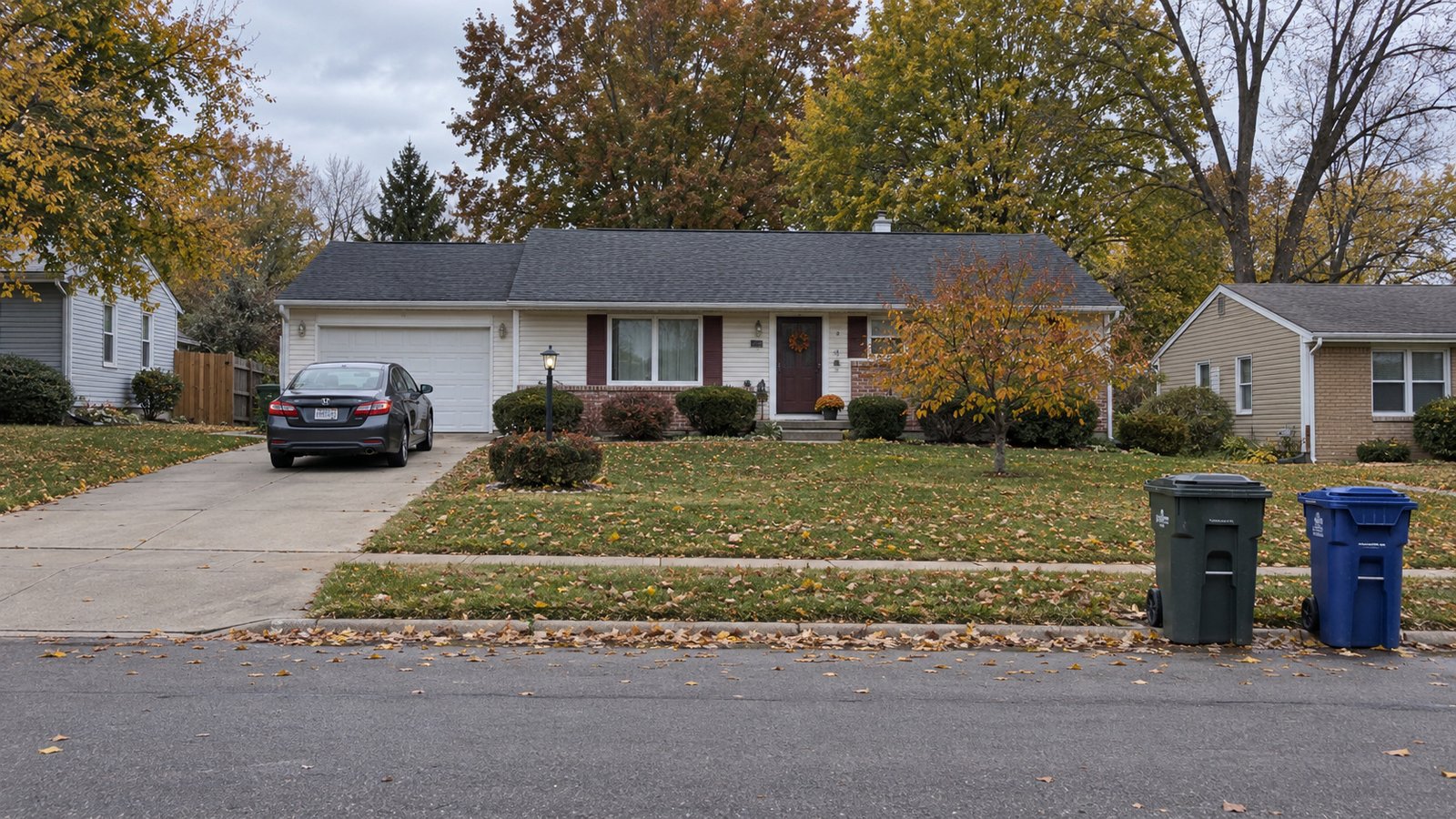 A complete cream ranch house, black sedan and two collection carts beside a driveway with fall foliage.