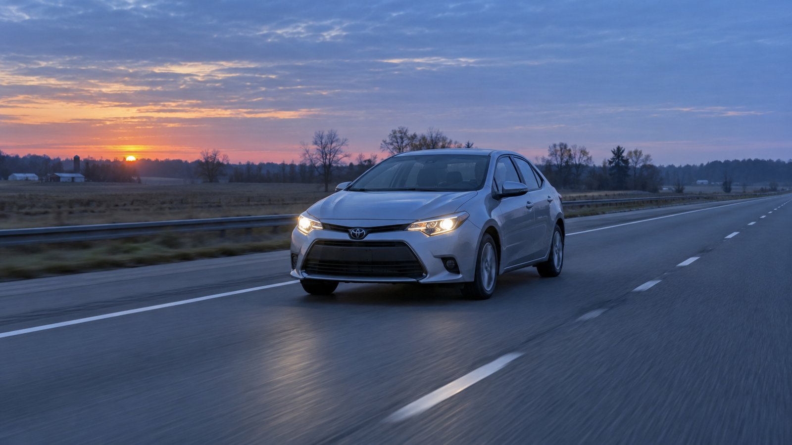 A whole silver sedan with headlights on along a rural road in blue-hour light.