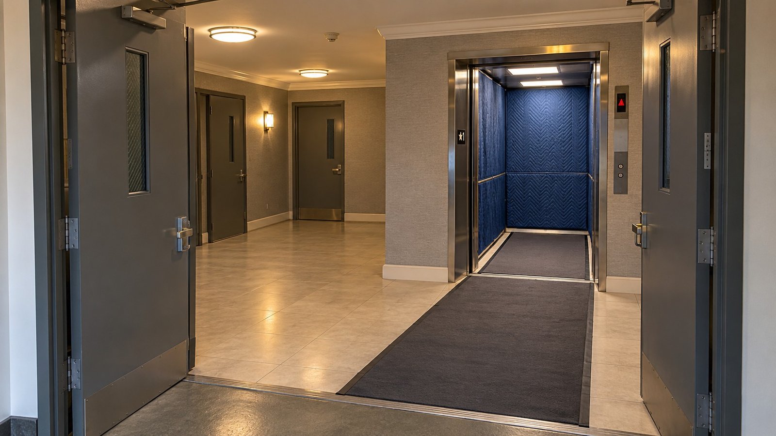 A prepared service entrance and lift Open service doors and a flat protected lobby leading to an open padded lift.