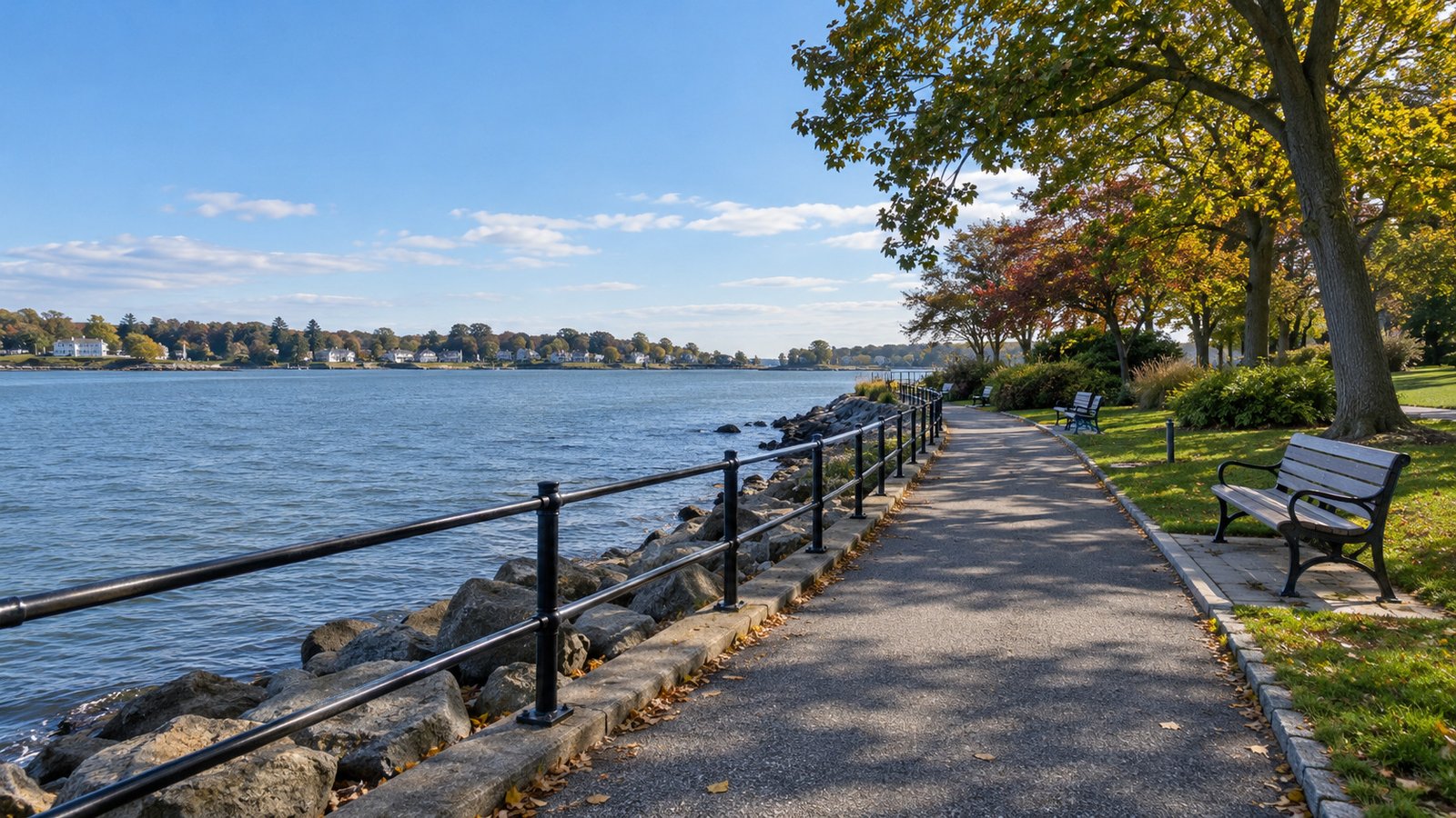 A waterfront walk in the weekly routine A paved waterfront path with railings, inland benches and planted edges.