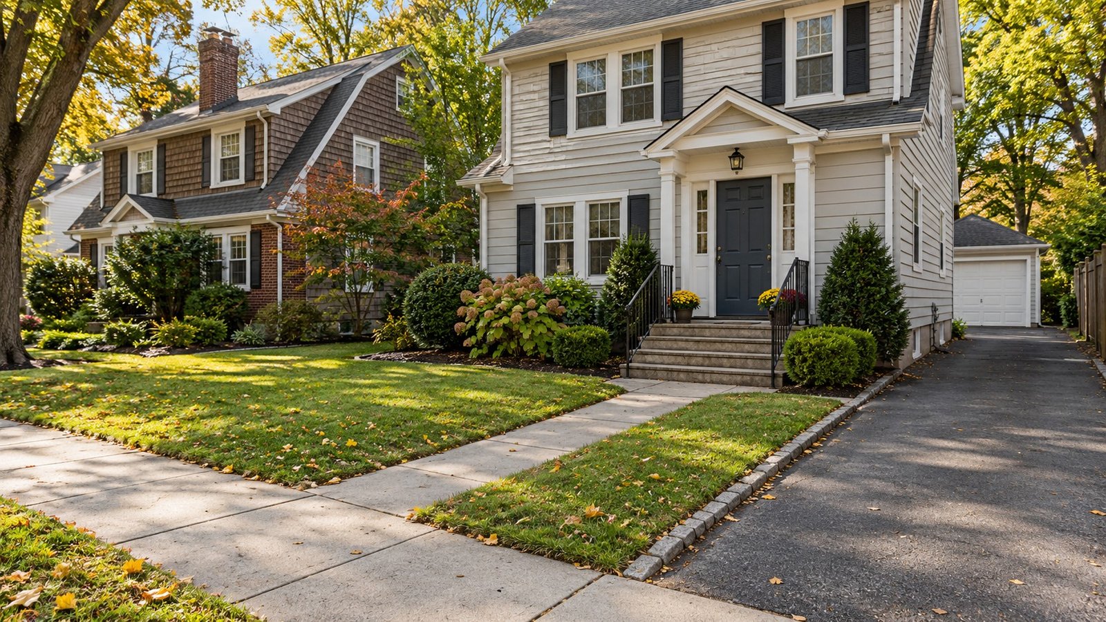 Detached homes, entrance path and driveway A front path and entrance steps beside a separate residential driveway.
