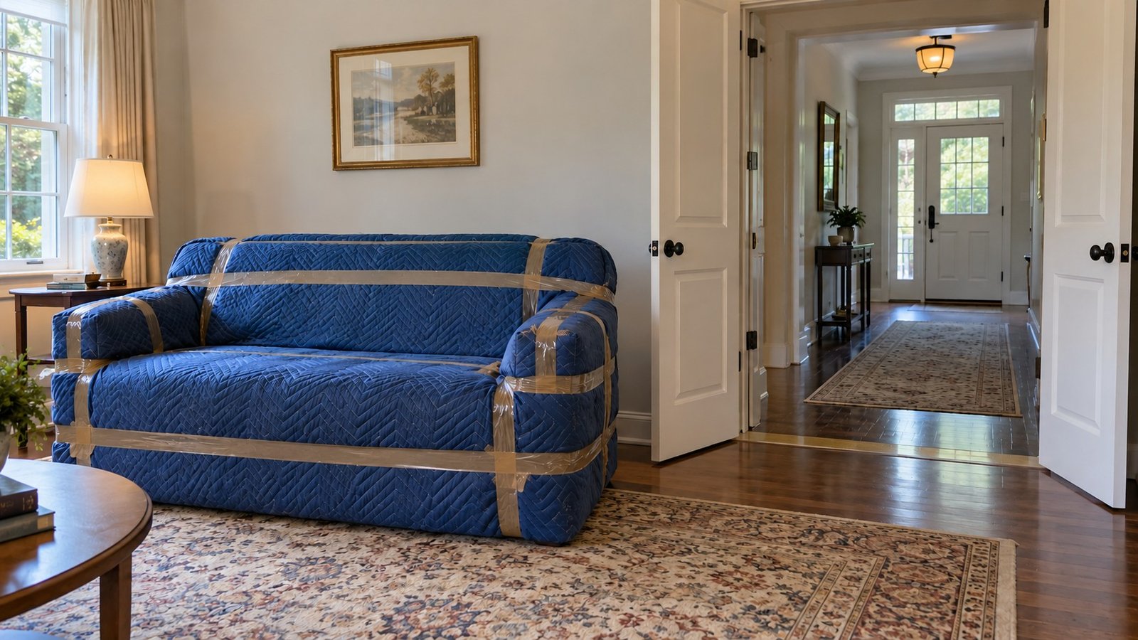 Protected furniture beside the clear route A sofa covered in moving blankets beside open double doors into a hall.