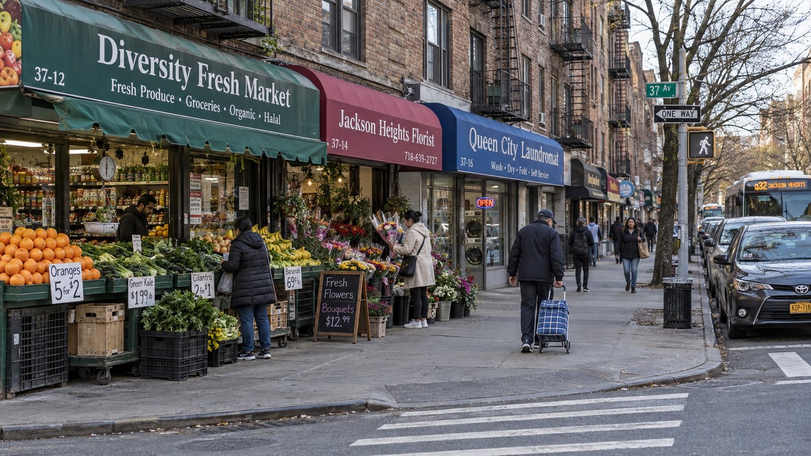 A neighborhood commercial corner with older brick buildings and pedestrians.