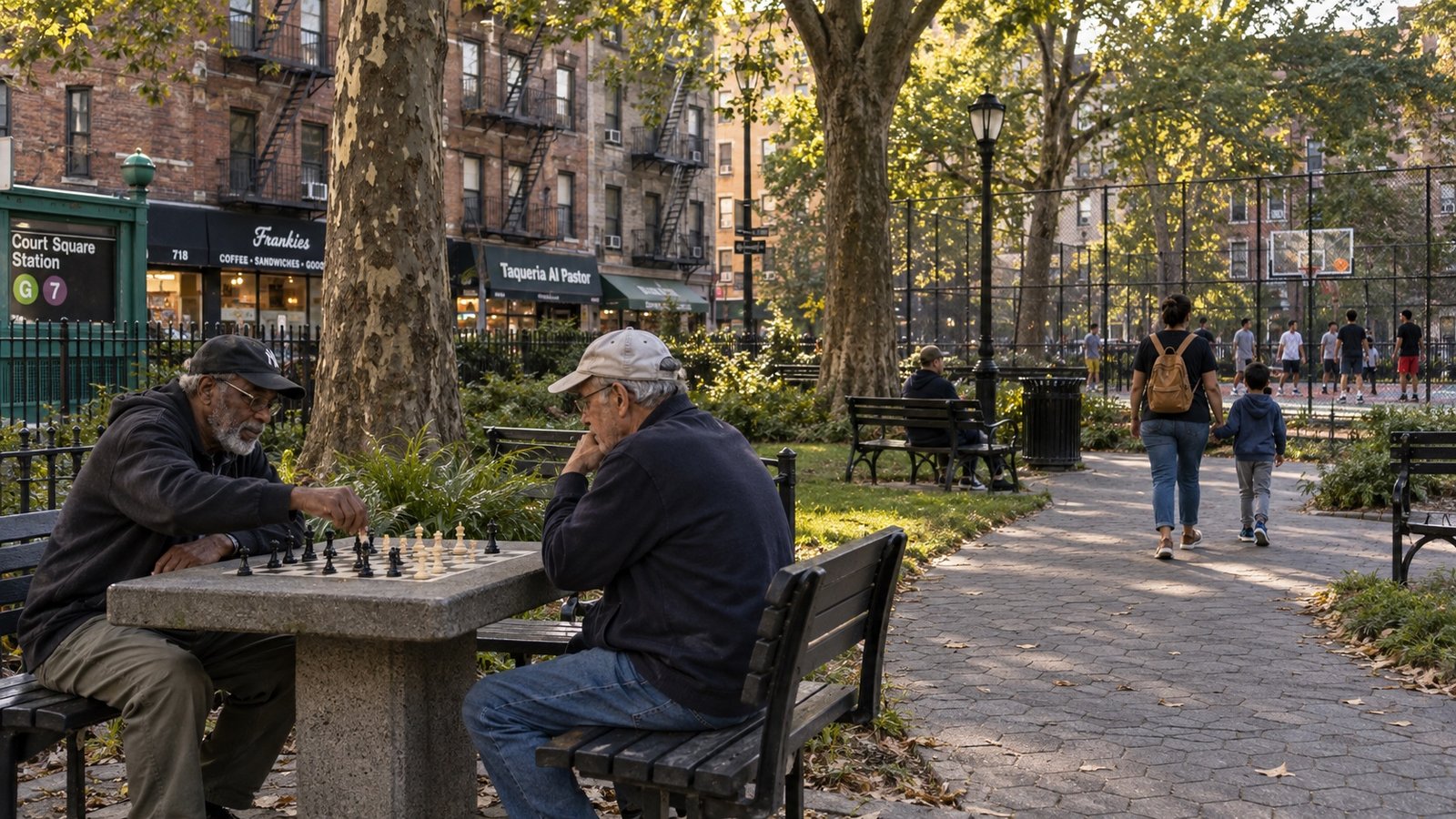Two older residents play chess at a neighborhood park table, with a family walking and a basketball court beyond.