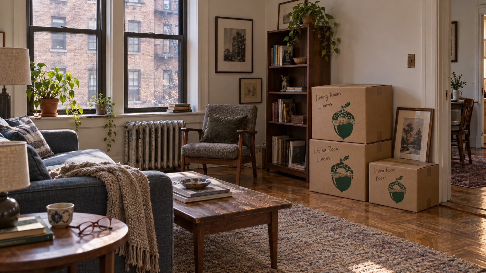 Compact branded Medium and Book cartons beside a sofa and radiator in a lived-in pre-war apartment.