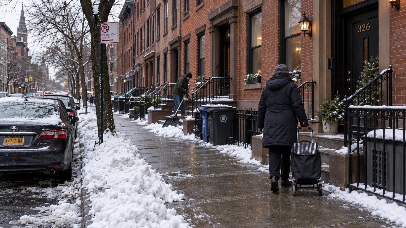 A city residential street after snowfall with plowed piles and cleared sidewalks.