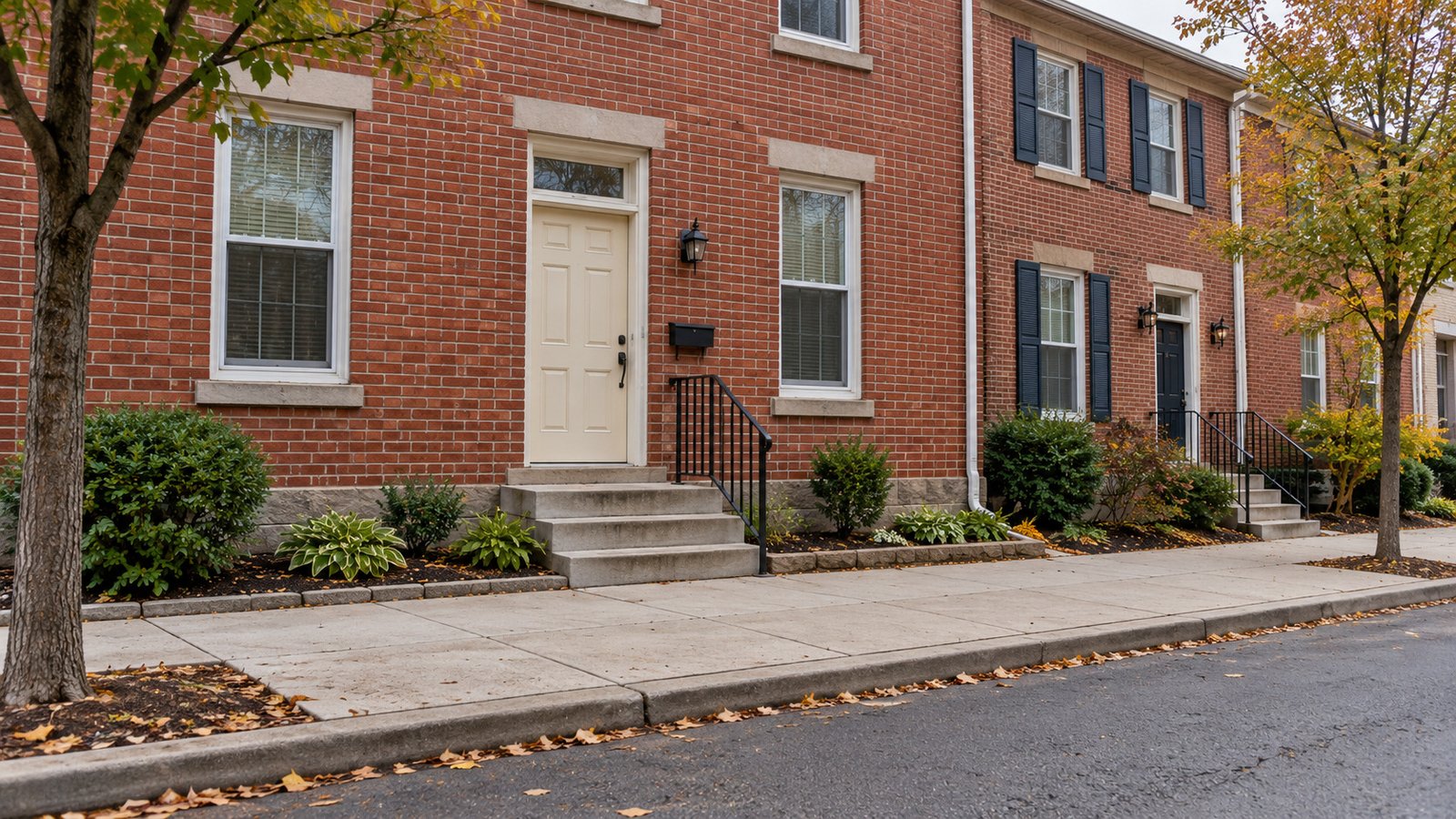A complete residential entrance Brick attached homes with a complete cream front door, transom, stone steps and a clear sidewalk.