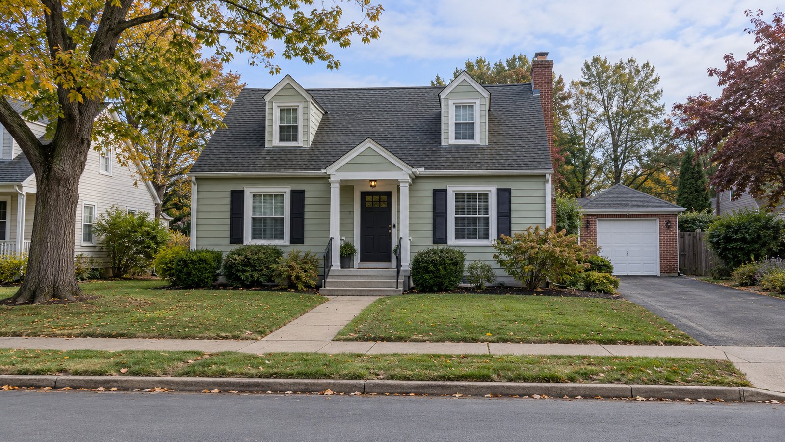 Illustrative sage Cape Cod house with front steps, a short path to the sidewalk, and a separate brick garage.