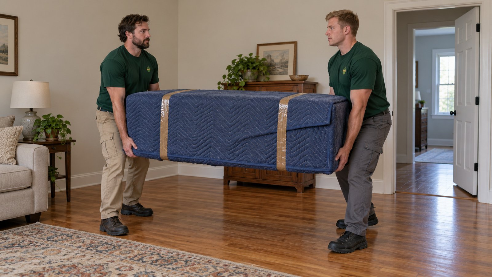 Sharing the carry of protected furniture Two Sterling Oakbridge movers share a covered rectangular chest load above a clear wood floor before an open doorway.