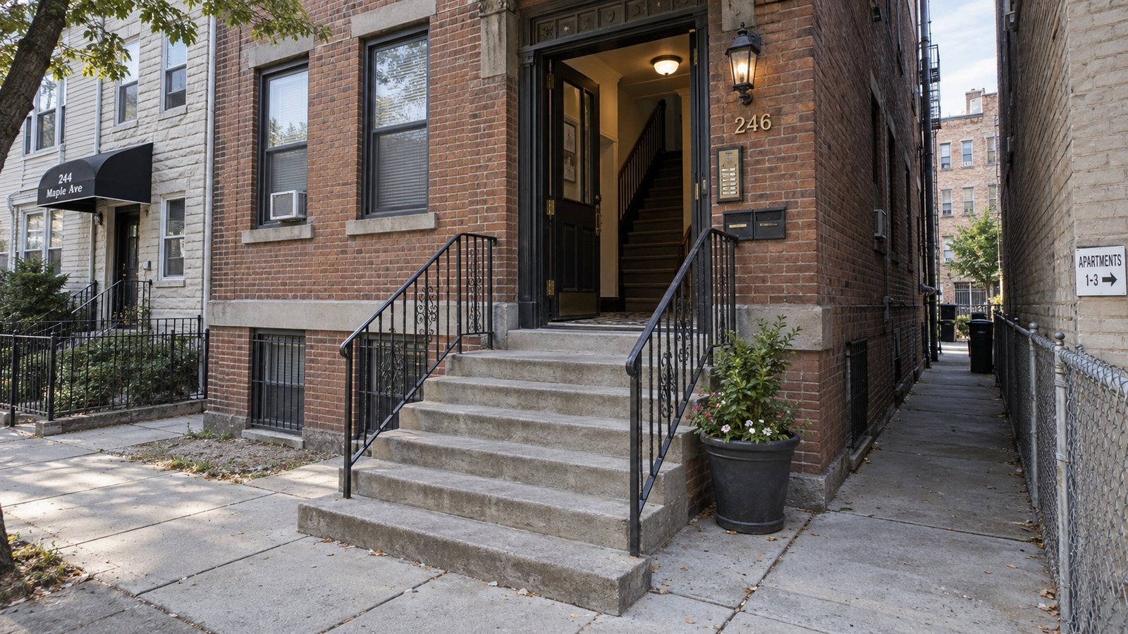 A brick three-story walk-up apartment building with a shared entrance and front steps.