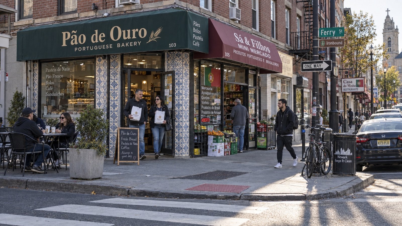 A corner storefront beside brick apartment buildings on a city side street with distant pedestrians.