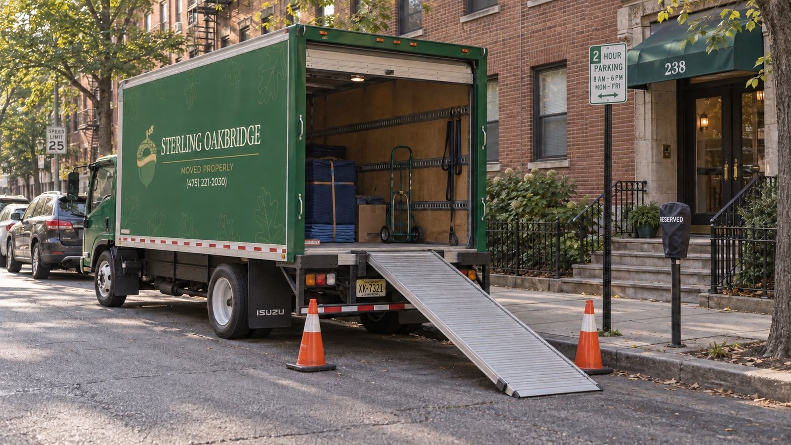 A dark green moving truck with an open rear door and a ramp resting at a metered city curb.