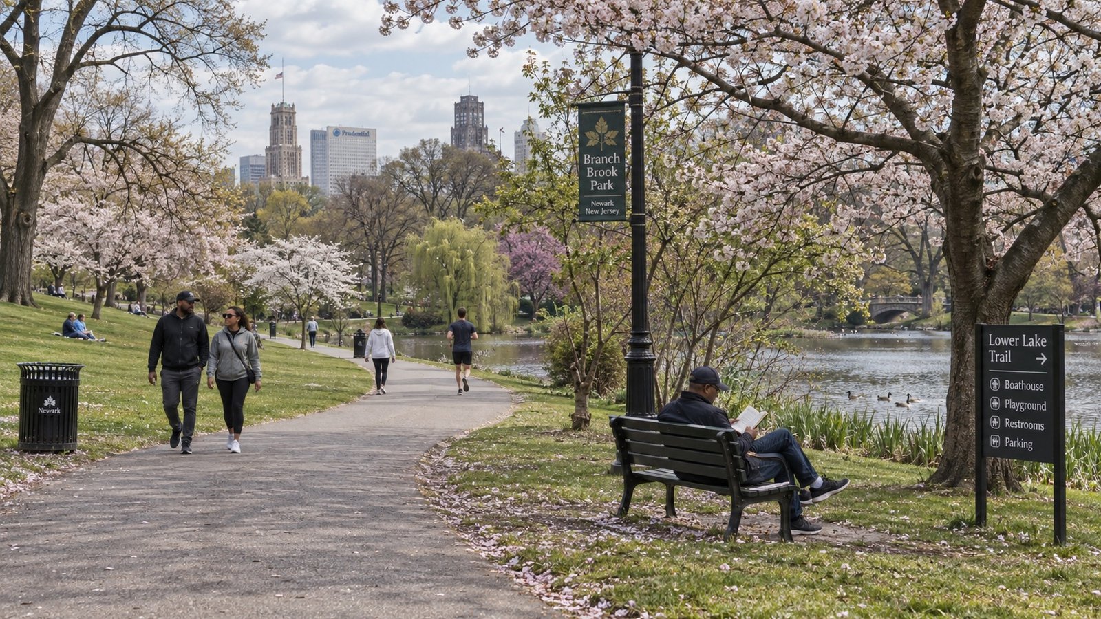 A large park lawn with mature cherry trees, curved paths and city buildings above the tree line.