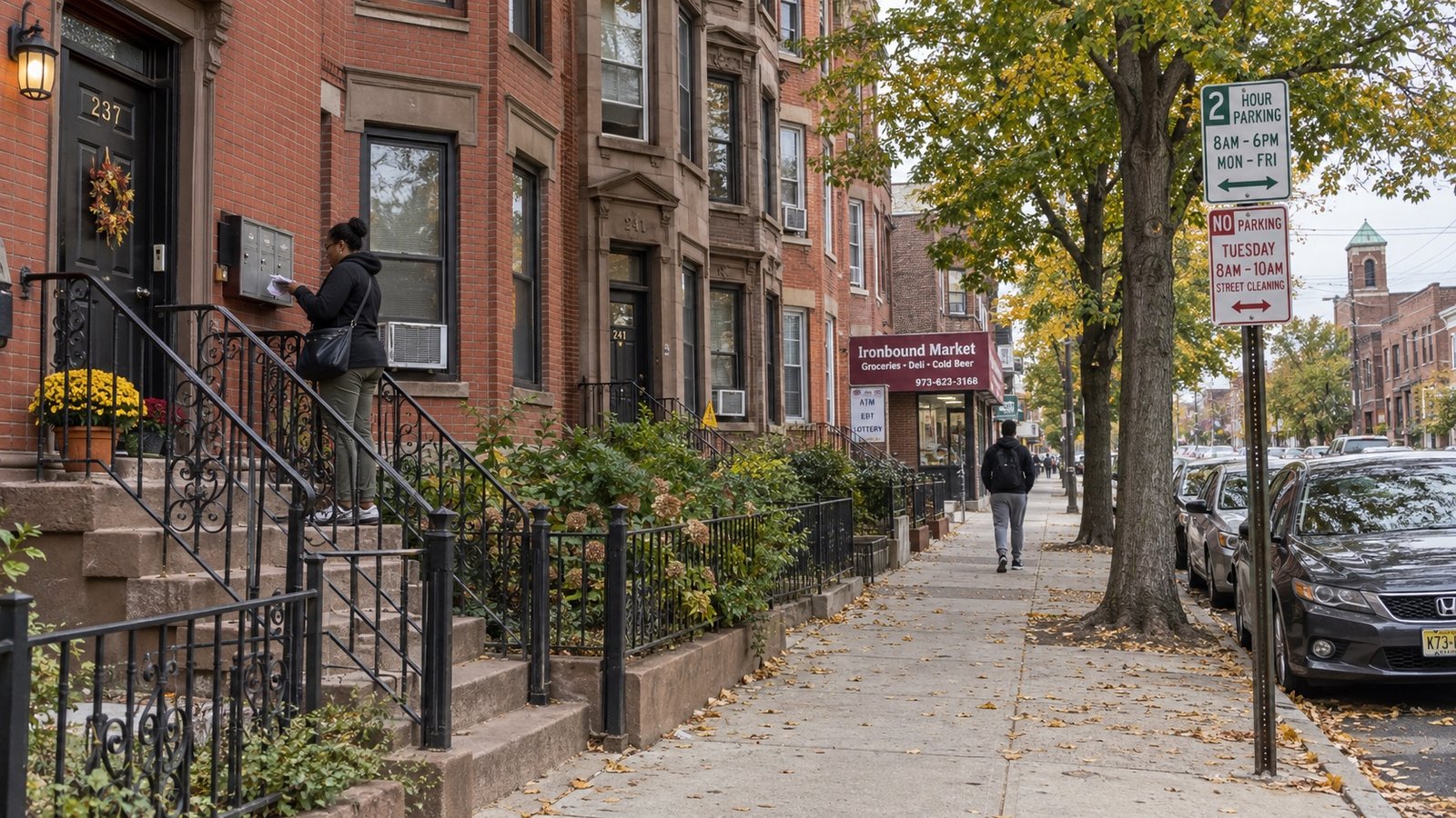 A Newark residential street of brick row houses and small apartment buildings with parked cars at the curb.