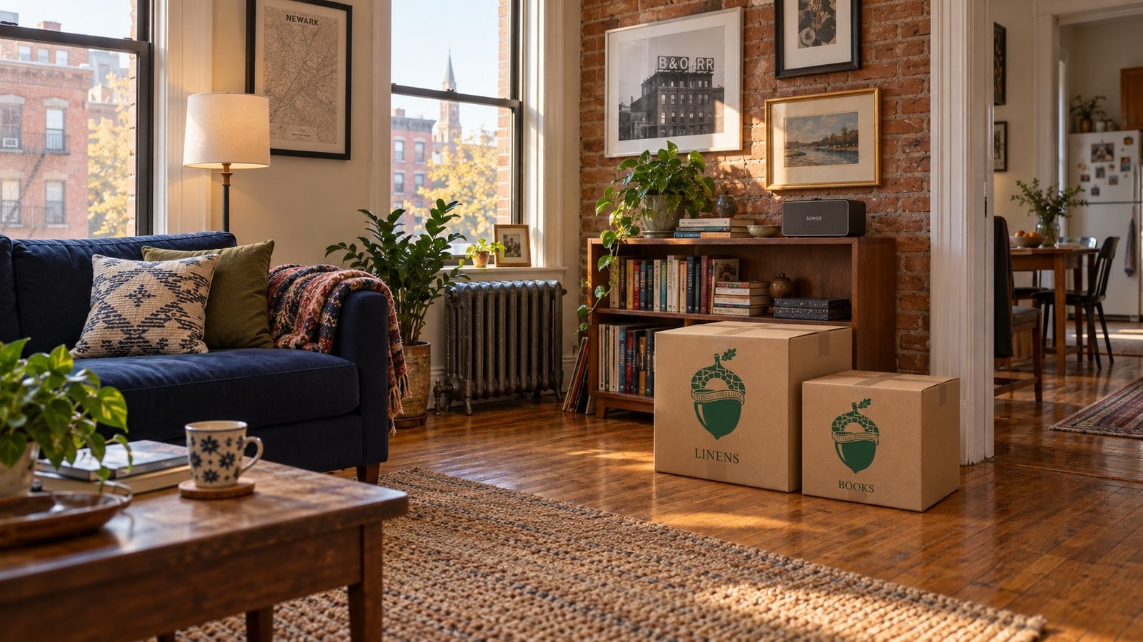 A warm brick-walled apartment living room with separate Sterling Oakbridge cartons labeled linens and books.