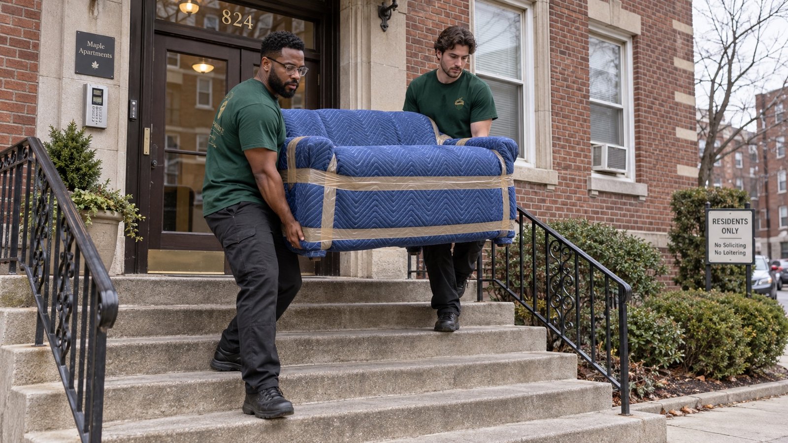 Two movers carrying a blanket-wrapped sofa down the front steps of a brick apartment building.