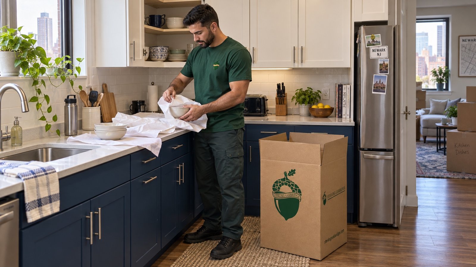 A Sterling Oakbridge mover wrapping bowls in an updated kitchen, with a branded China carton beside him.