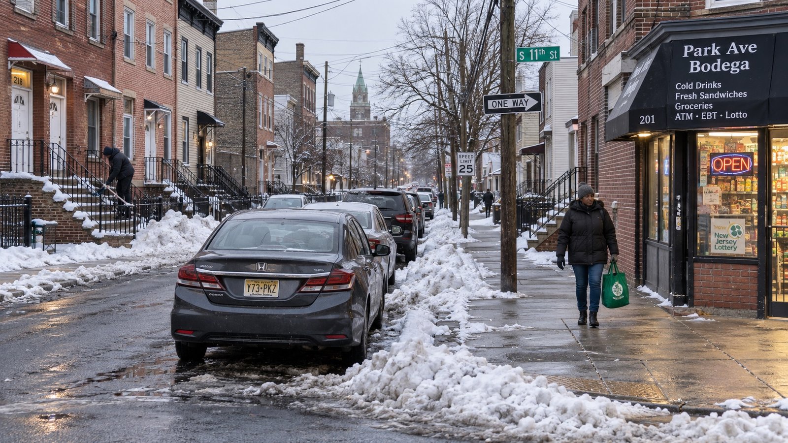A residential street after snowfall with plowed snow along the curb and a cleared sidewalk.