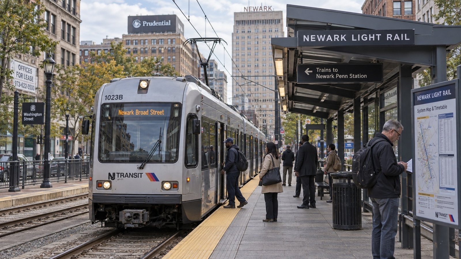 A downtown street canyon with older high-rise office buildings and a light rail car at a stop.