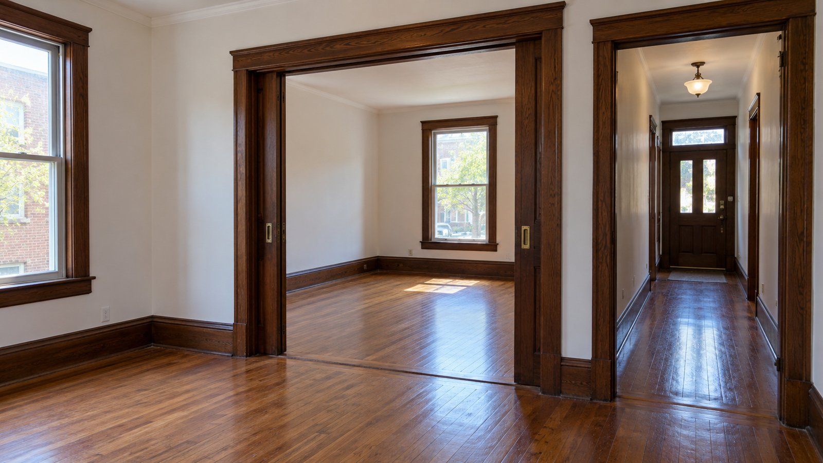 Check the complete room-to-room openings and the turn into the entrance hall. Open wood-trimmed pocket doorway between two rooms beside a hall leading to a closed glazed entrance.
