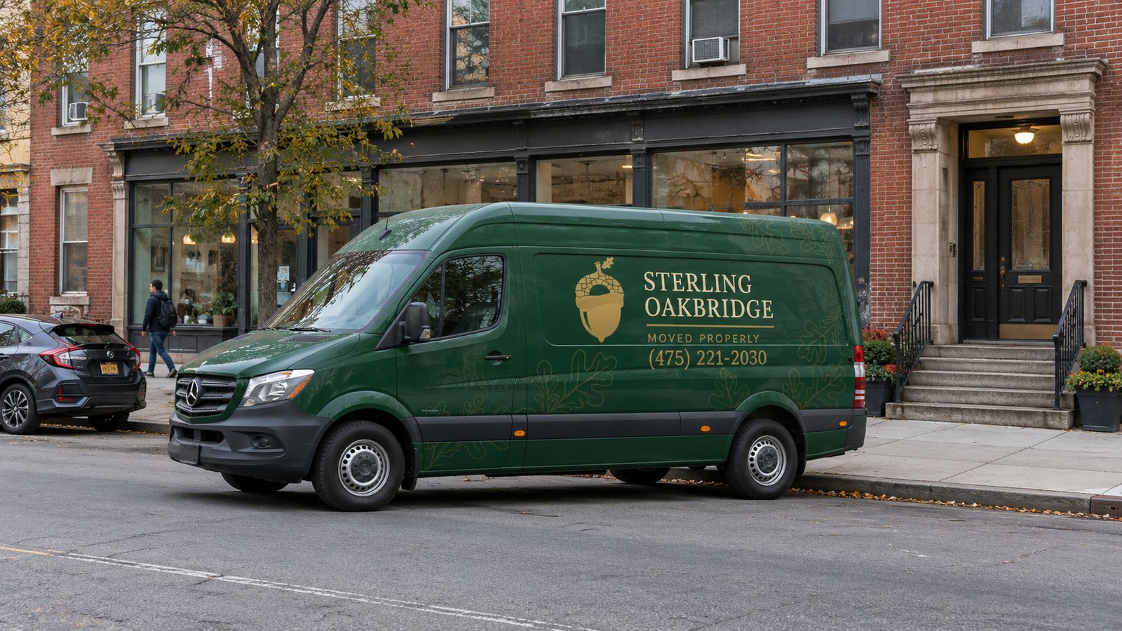 Review the vehicle position together with the curb, sidewalk and receiving entrance. Closed green Sterling Oakbridge Sprinter parallel to a curb beside a brick storefront and a separate residential doorway.