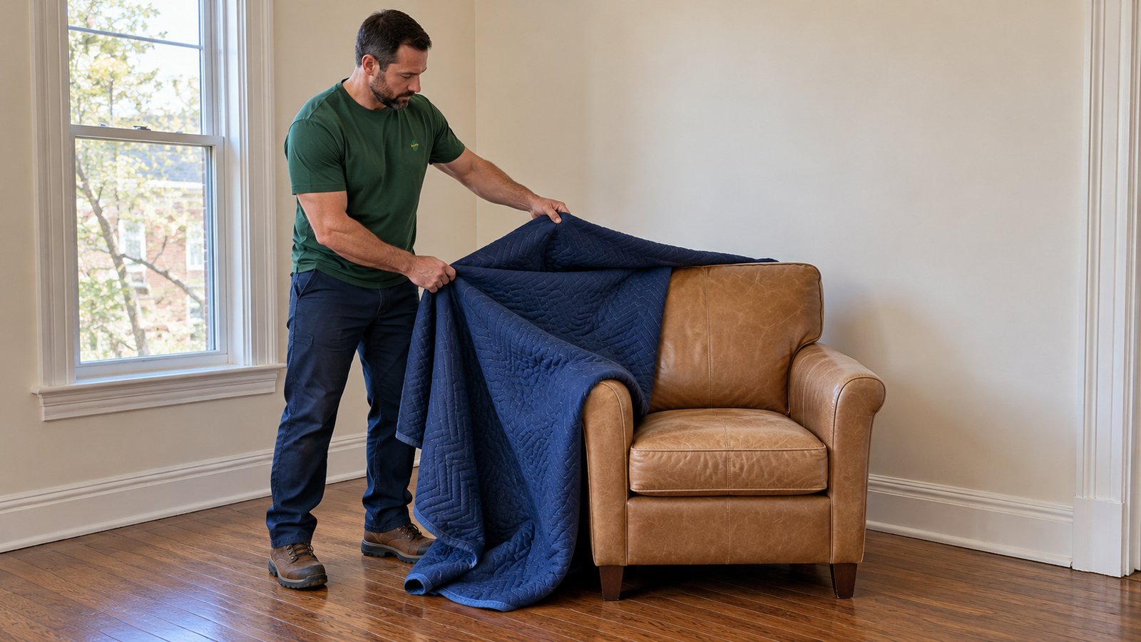 Furniture unwrapping is part of delivery; opening carton contents is a separate task. A bearded worker removes a loose blue moving blanket from an upright tan armchair beside a wall.