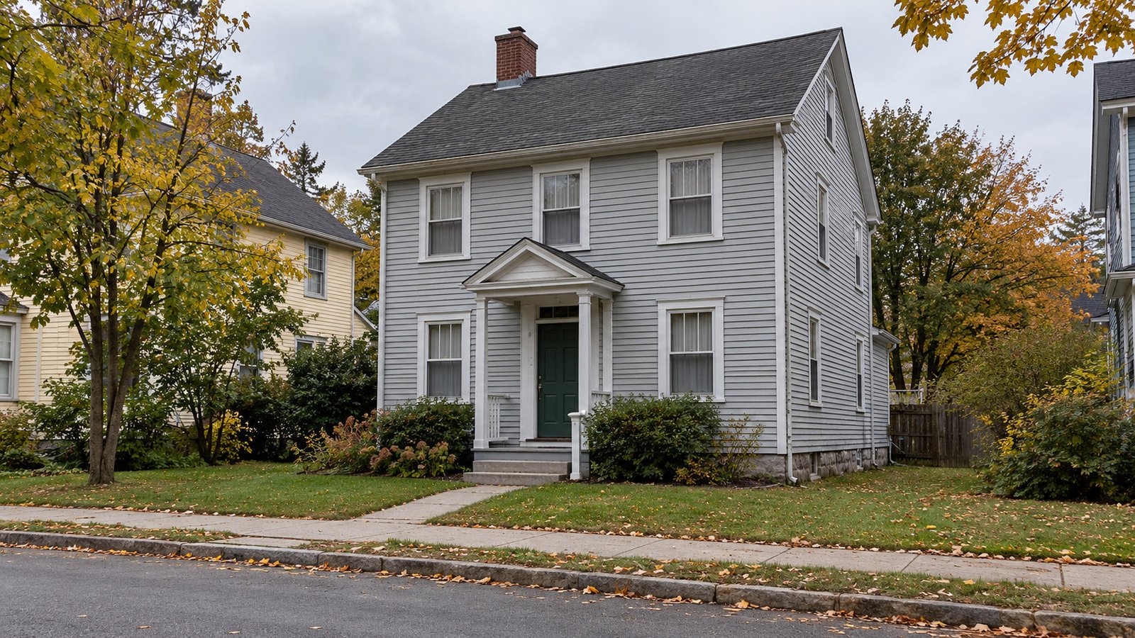 Check the complete arrival route Complete modest gray clapboard house, front steps and short path meeting a public sidewalk