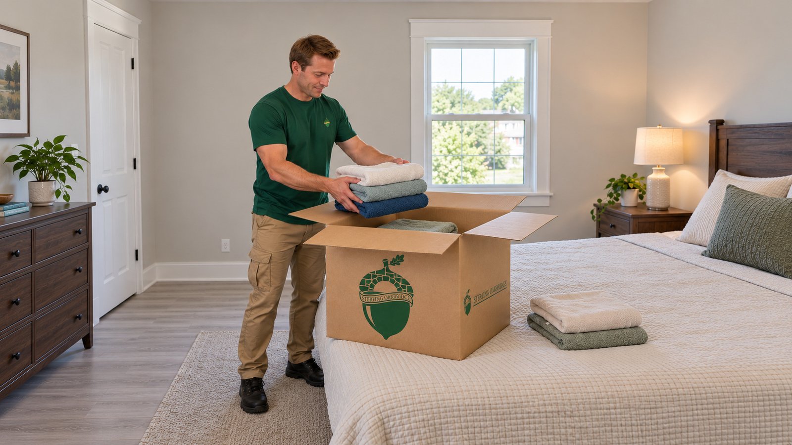 Pack the agreed household contents before the carrying window. A clean-shaven worker in a green acorn T-shirt lowers folded towels into an open kraft carton supported on a bed.
