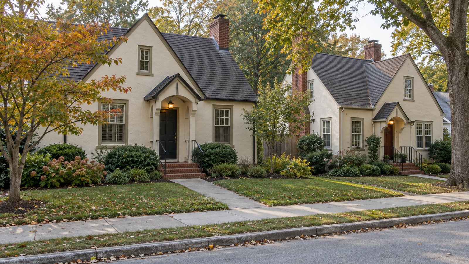 Connect the cottage to the everyday street Two cream-stucco cottages have separate front paths, brick steps and sheltered doors beside a continuous public sidewalk.