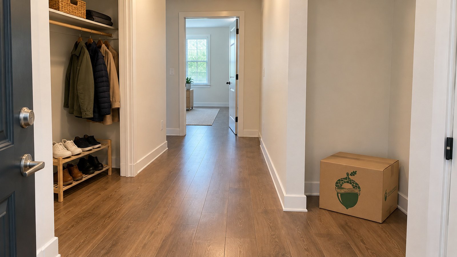 Keep the entrance storage and walking route usable An apartment hall has an open coat closet, a supported shoe shelf and one compact closed branded carton in a separate recessed bay.