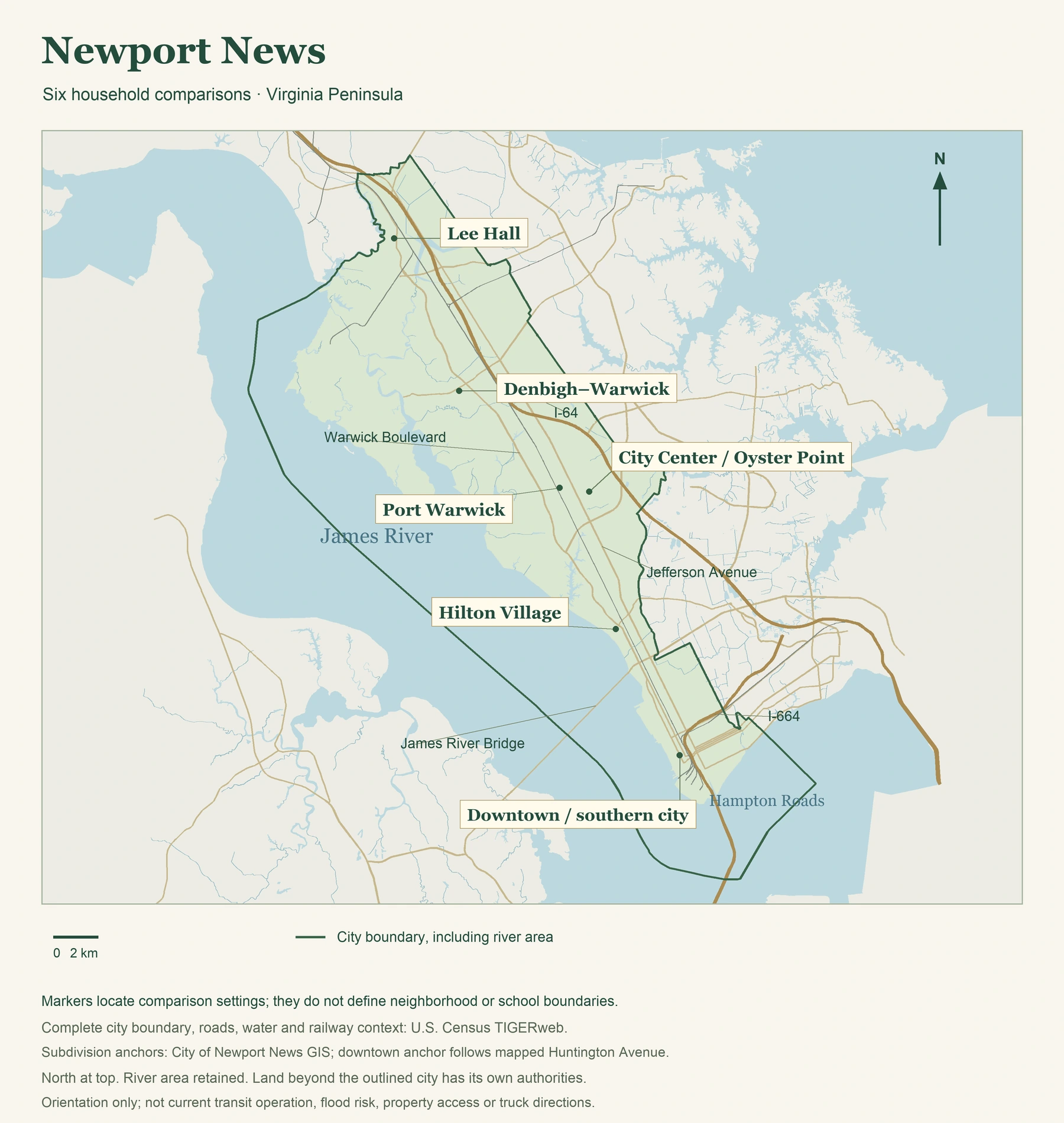 Newport News household orientation map Complete Newport News city boundary including its river area, with six comparison settings, roads, water and railway context.