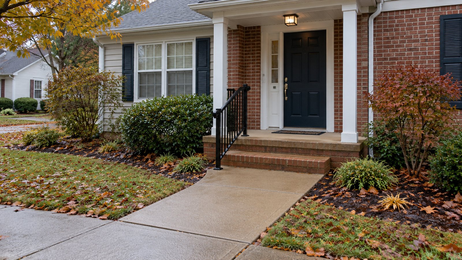 Prepare the complete approach after wet weather A clear private path and two brick steps reach a sheltered front landing, with damp leaves and soil outside the route.