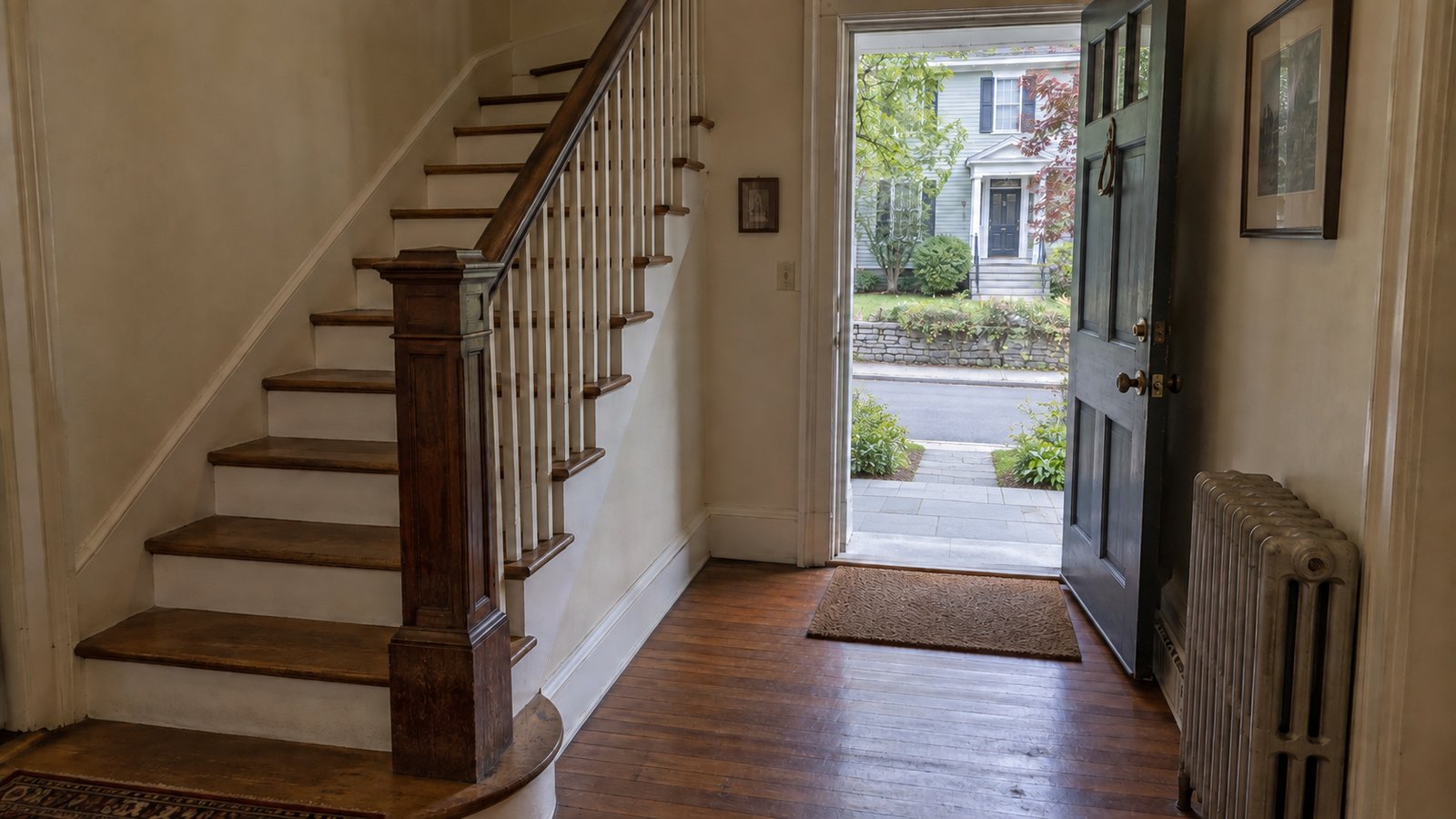 Checking the doorway and stair approach An open front door beside a wooden staircase in an older house